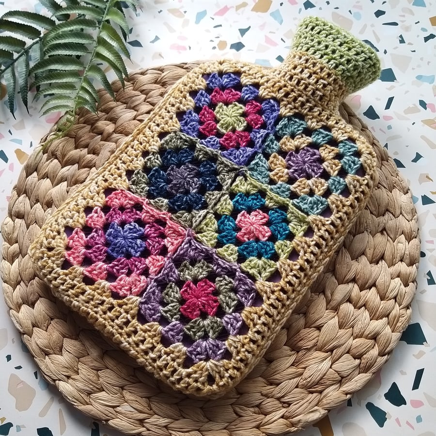  Crochet Hot Water Bottle Cover 'Happy Scrappy' Granny Square Gold