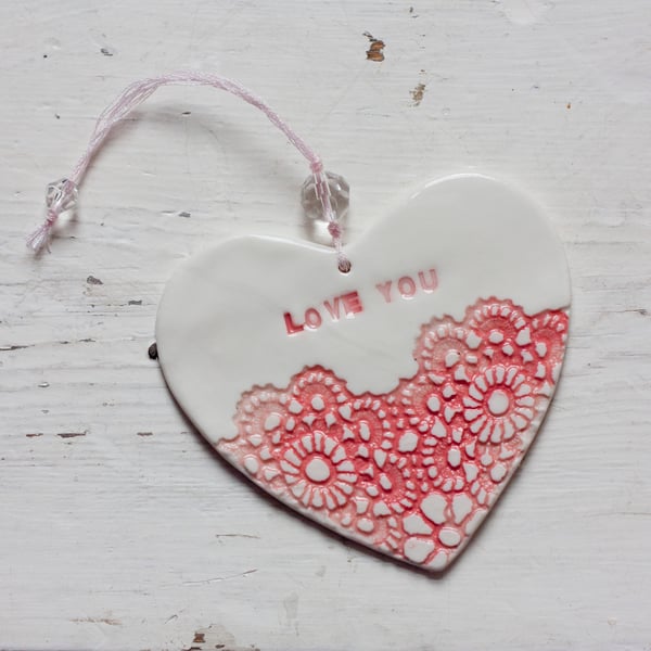"Love You" porcelain heart in pink