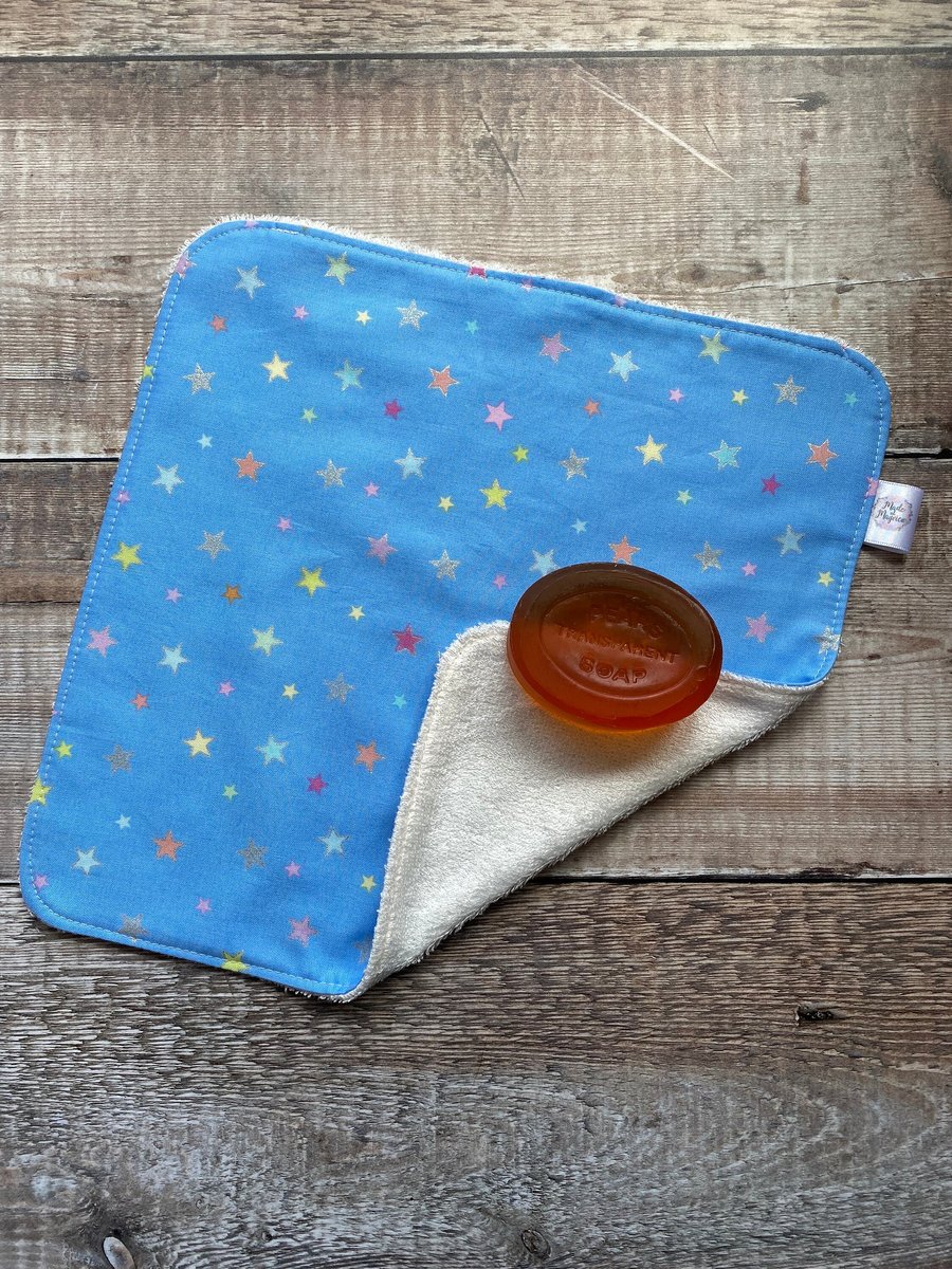 Organic Bamboo Cotton Wash Face Wipe Cloth Flannel Sky Blue Pastel Stars