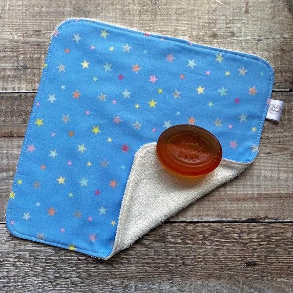 Organic Bamboo Cotton Wash Face Wipe Cloth Flannel Sky Blue Pastel Stars