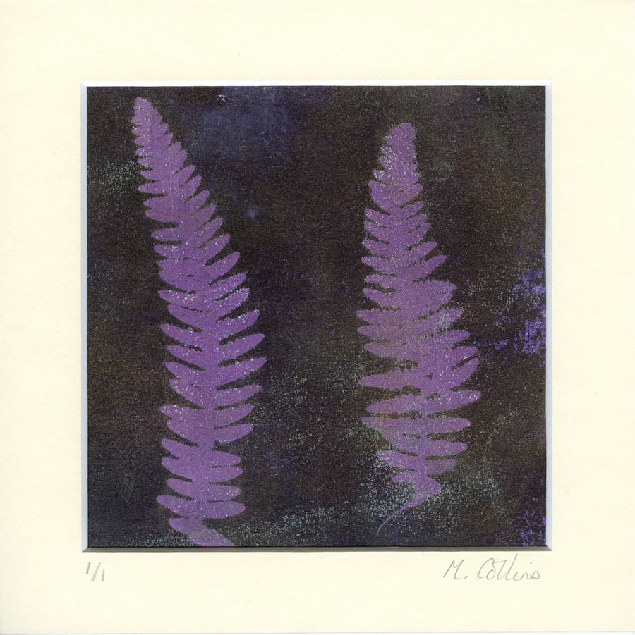 'Two Purple Ferns' - Original one-off monoprint in acrylic with cream mount