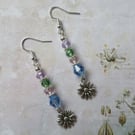 Pastel Pale Pink Lilac & Green Beaded Daisy Whimsy Garden Dangle Earrings