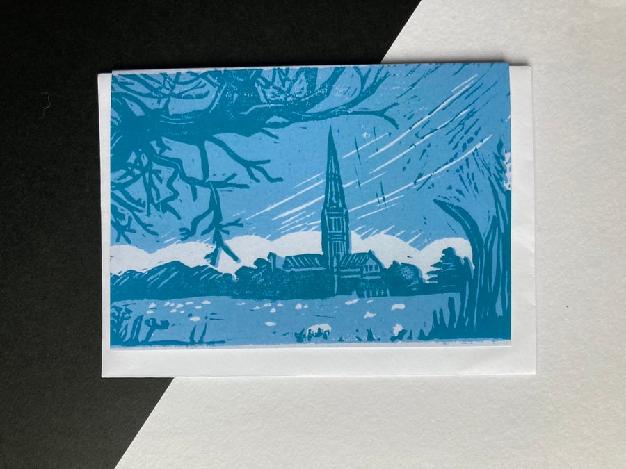 Card - Salisbury Cathedral Over the Meadows - Linocut design