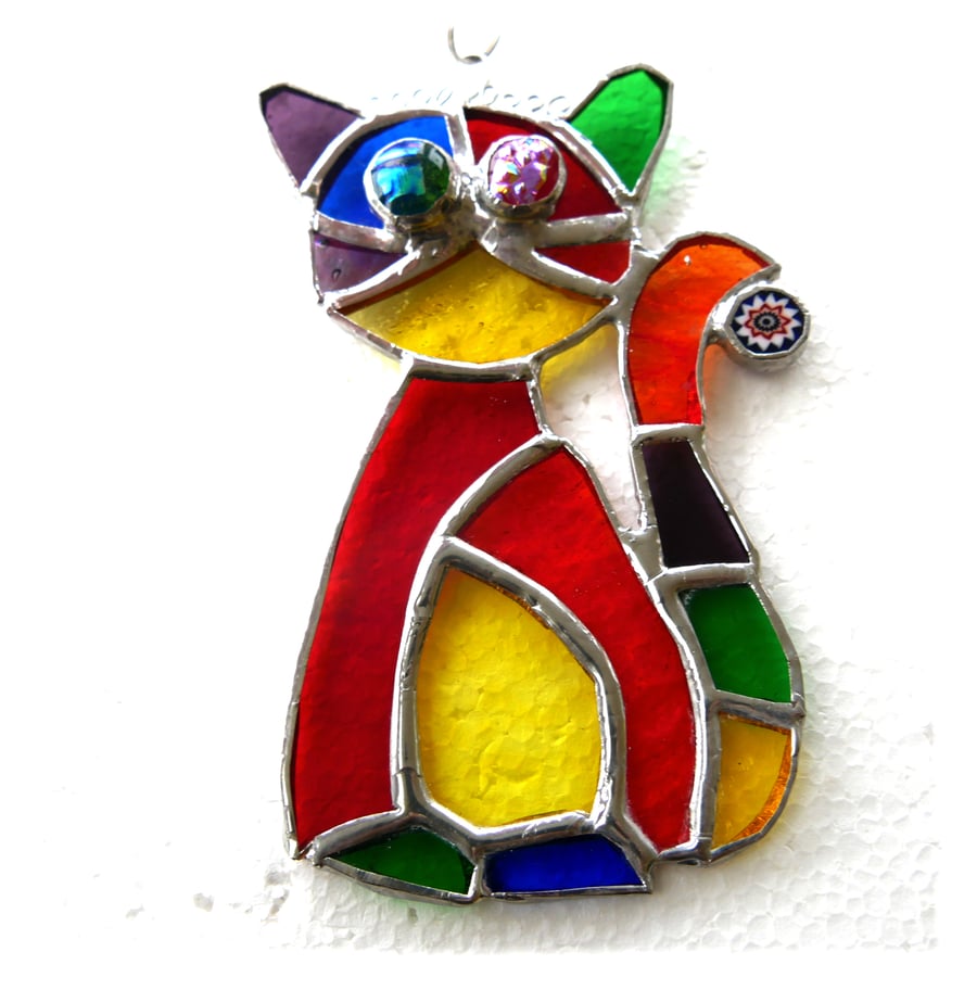 Cat Suncatcher Yellow Tum Stained Glass Rainbow Picasso Patchwork 020
