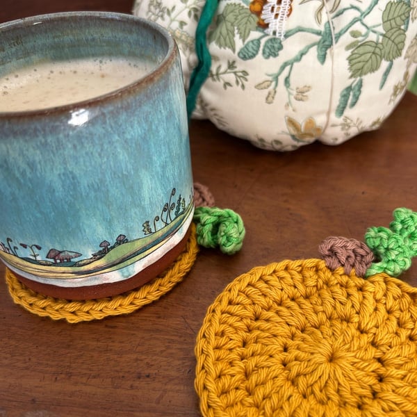 Two Pumpkin Coasters, Crochet Pumpkin Coasters, Autumn Pumpkin Coasters 