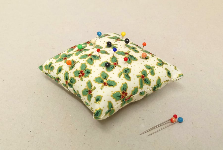 Pin cushion in white with Holly pattern, Christmas pin cushion, handmade