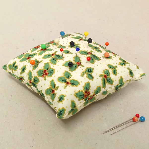 Pin cushion in white with Holly pattern, Christmas pin cushion, handmade