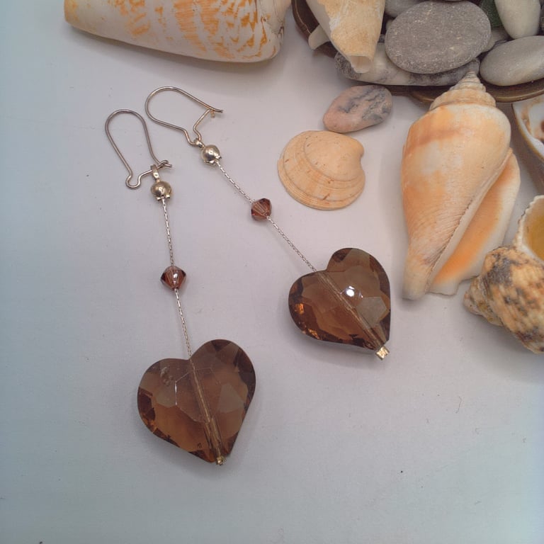 Purple Heart Glass Bead and Silver Crimping Chain Earrings, Gift for Her