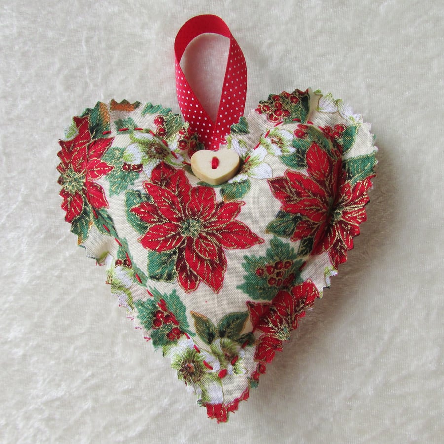 Hanging heart Christmas tree decoration - cream, red and green floral fabric