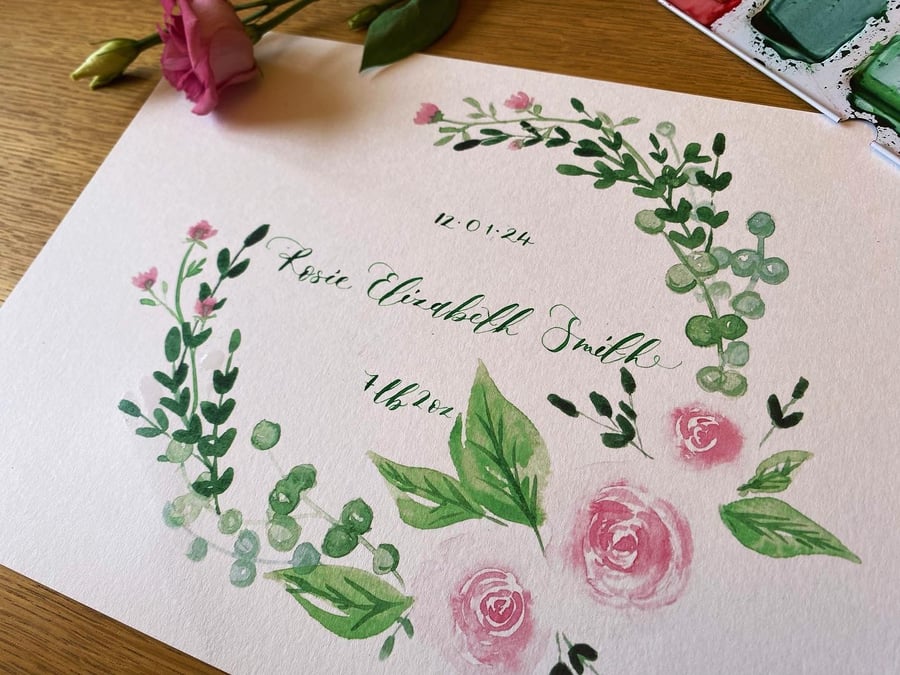Bespoke A4 Watercolour Rose Print Personalised Text