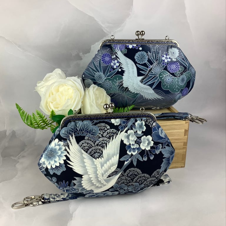 Japanese cranes medium clutch bag, Detachable strap, 2 pattern options, Handmade