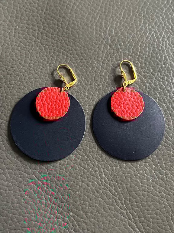 Navy and Red Leather Circle Earrings - Hand Cut Lightweight Statement Jewellery 