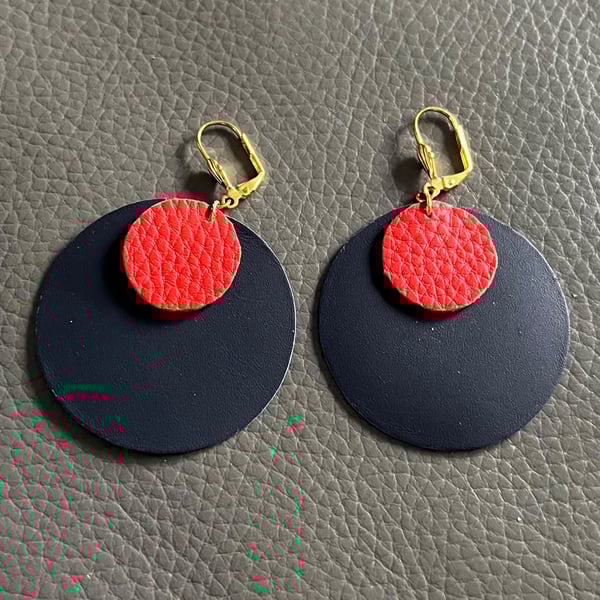 Navy and Red Leather Circle Earrings - Hand Cut Lightweight Statement Jewellery 