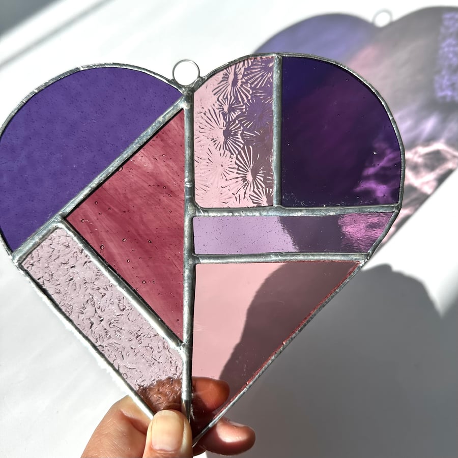 Stained Glass Large Heart Suncatcher - Pink and purple 