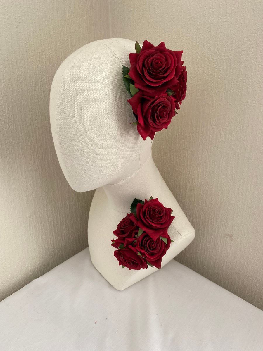 Rockabilly Red Rose Hair Flower & Matching Corsage 