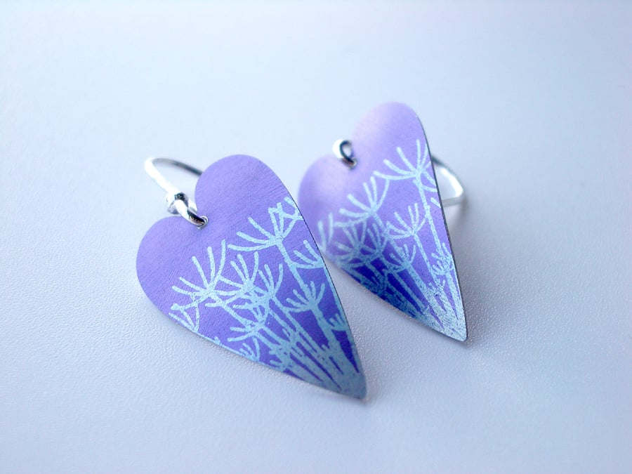 Purple heart earrings with dandelion seed prints