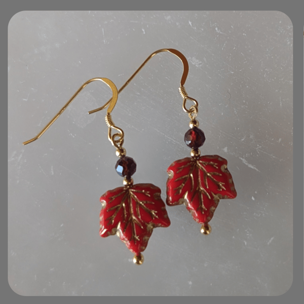 Red Czech Glass Leaf, Garnet and Vermeil Earrings