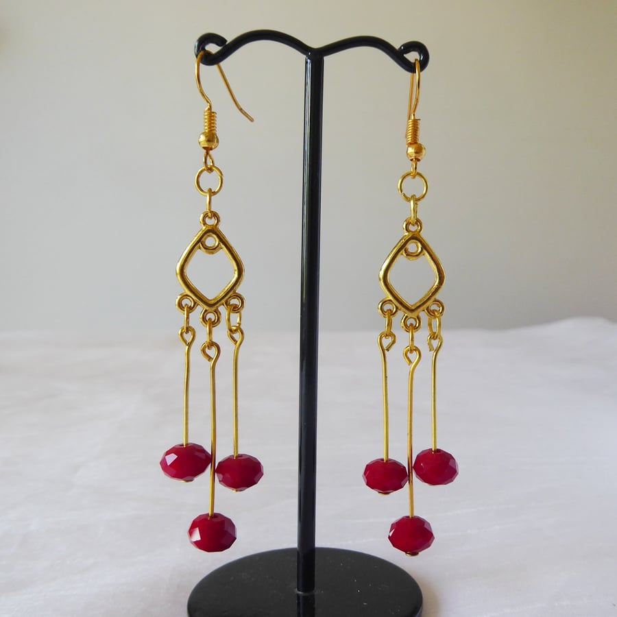 Gold Plated Chandelier Earrings with Cherry Red Faceted Czech Glass Beads