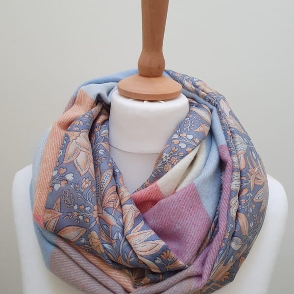 Sari silk and tweed double sided infinity scarf - snood,vintage floral