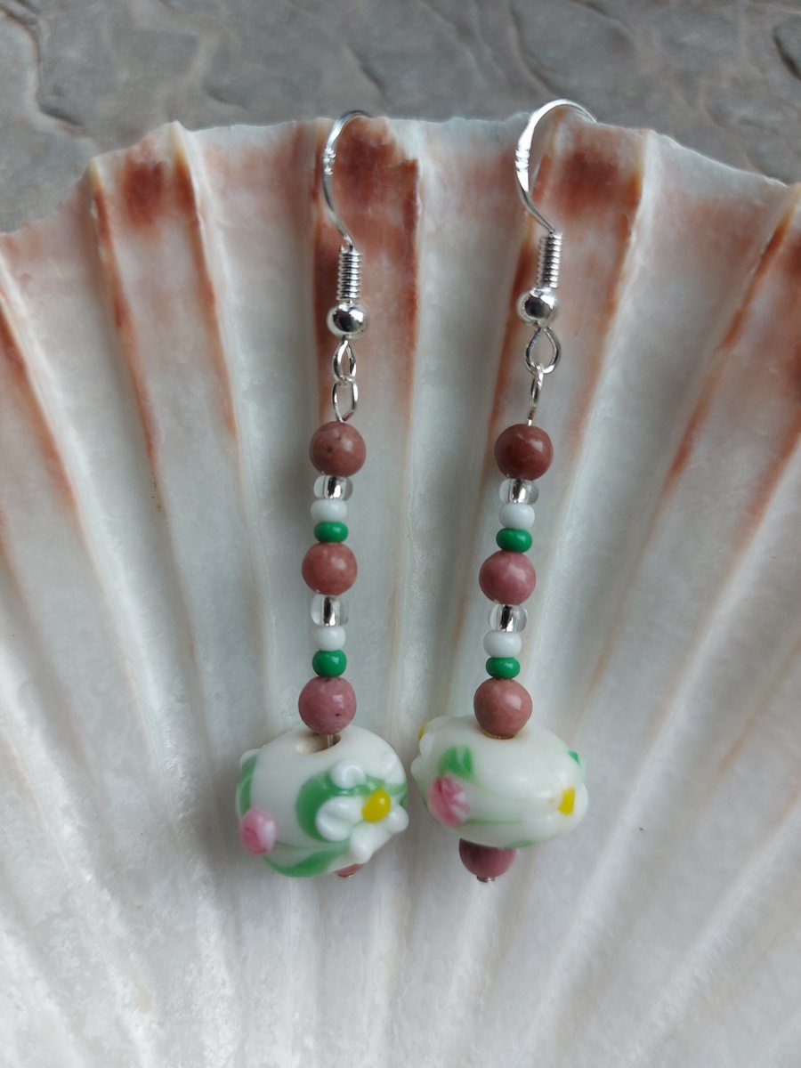 Dangle earrings with lampwork beads, white, pink and green, plus silver hooks
