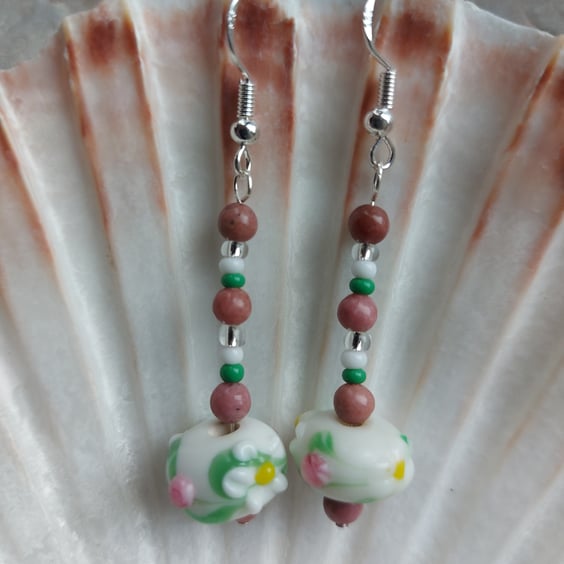 Dangle earrings with lampwork beads, white, pink and green, plus silver hooks