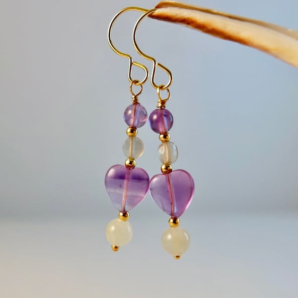 Amethyst Heart Earrings With Moonstone And Gold Vermeil - Handmade In Devon