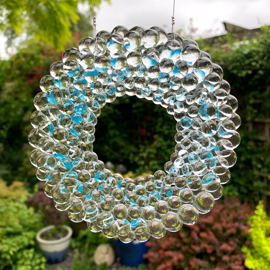 Fused Glass Turquoise Tint Bubble Ring Hanging - Handmade Glass Suncatcher
