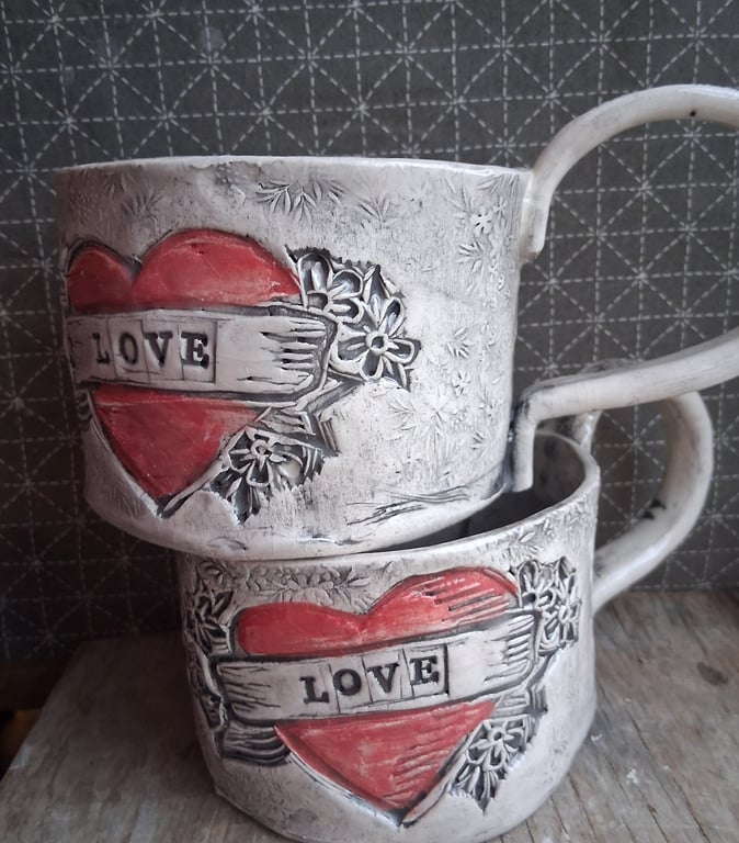 vintage tattoo design mug, floral handmade personalised coffee cup