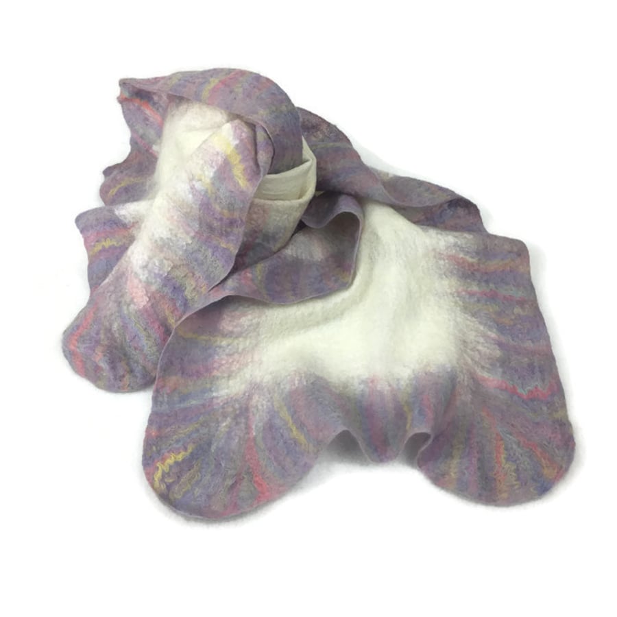 White nuno felted scarf with pastel coloured border, merino wool on silk