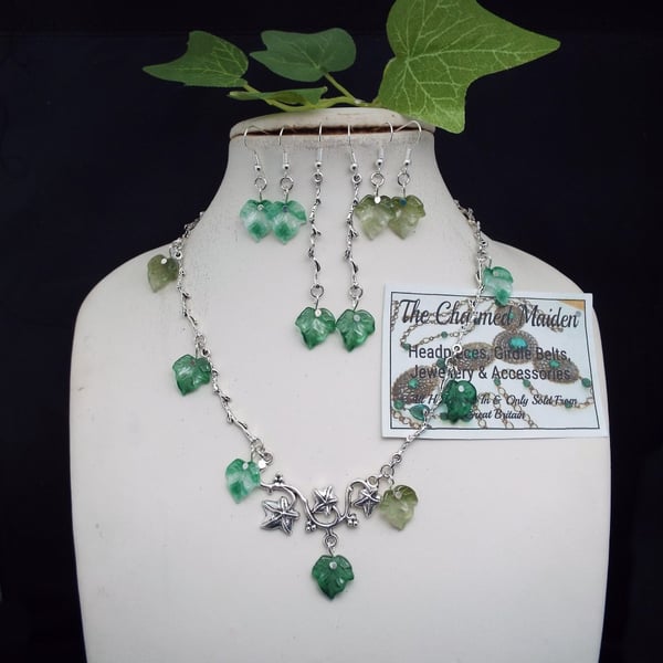 Green Ivy Glass Leaf Necklace, Matching Earrings available