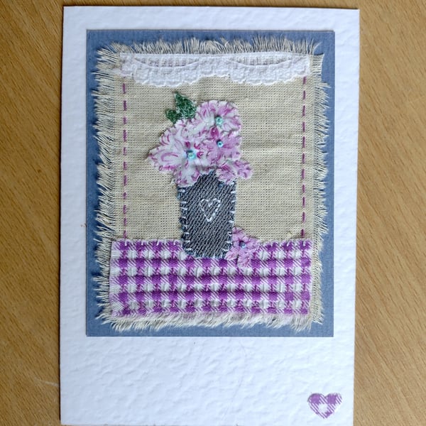 Fabric Vase of Flowers Card - Hand-Stitched - Textile Card - Blank -  Purple