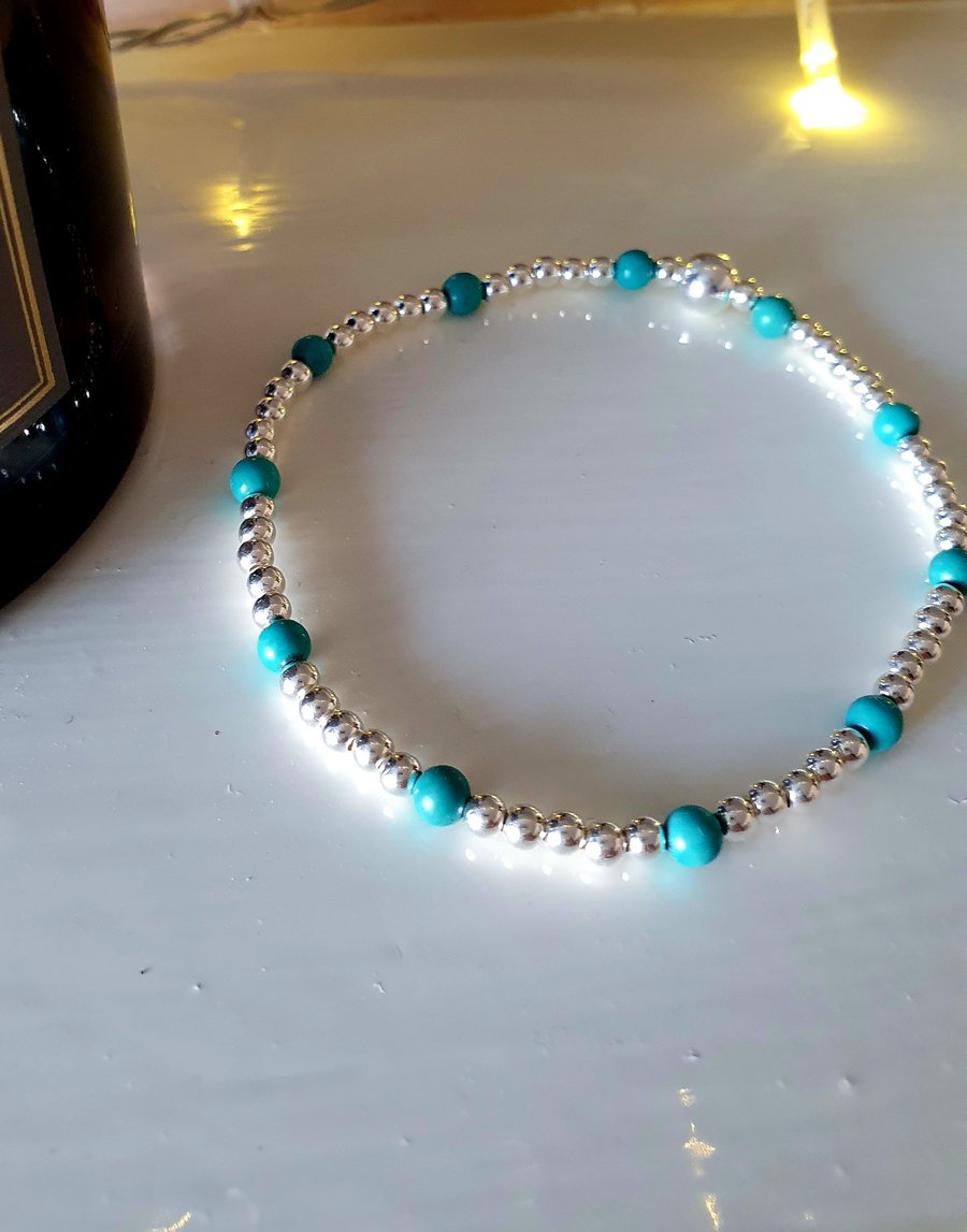 Silver and TURQUOISE bracelet, Sterling silver stretchy Anxiety BRACELET, 