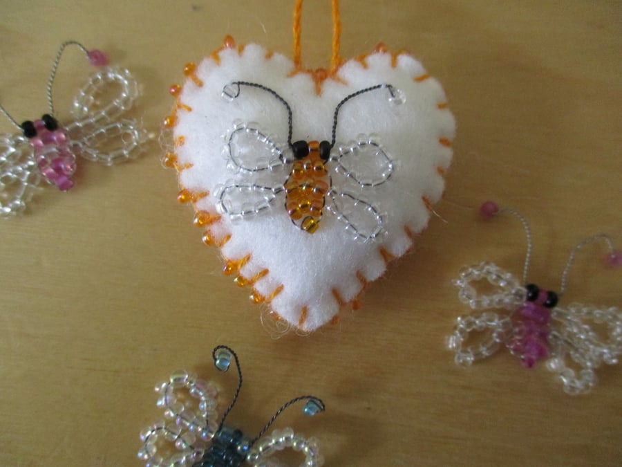 Mini Beaded Felt Butterfly Heart Decoration - Pin Cushion - Ornament