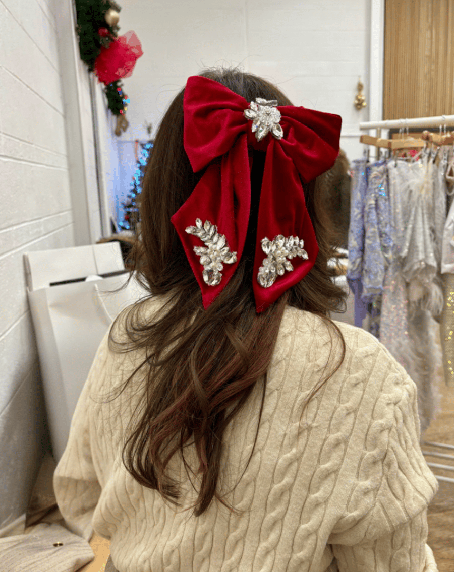 Hand Made Velvet Hair Bow with Crystal Embellishment