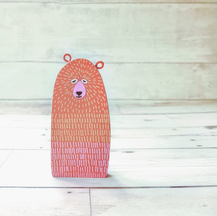 Coral Folk Bear, Handmade Wooden Bear, Reclaimed Wood, Low Waste