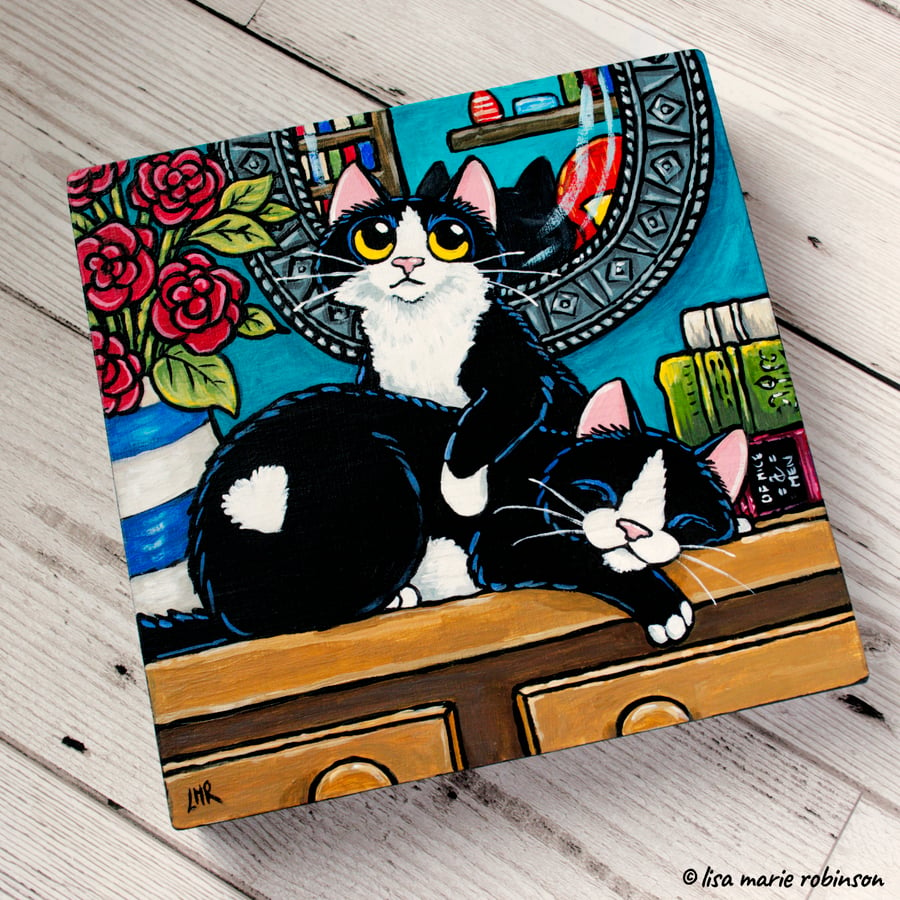 Nap Time Hug - Cute Black and White Cats - Original Acrylic on Wood Painting