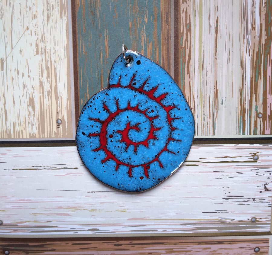 Ammonite pendant in enamel on recycled copper 268