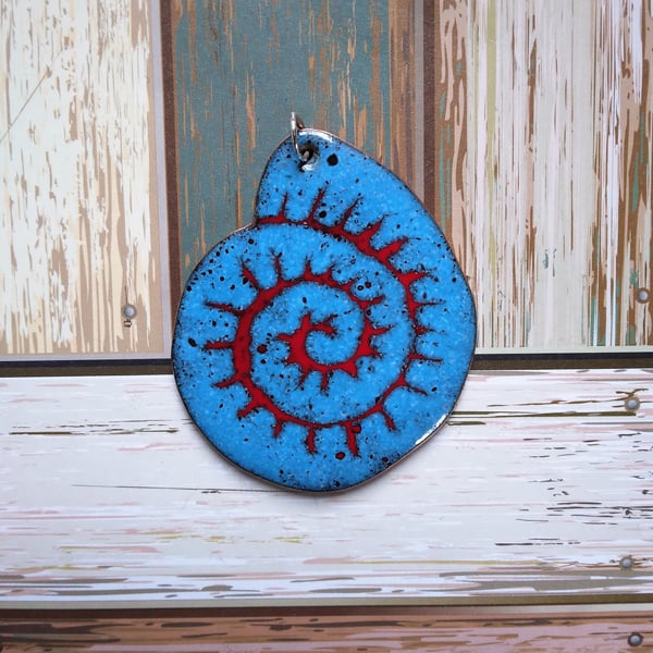 Ammonite pendant in enamel on recycled copper 268
