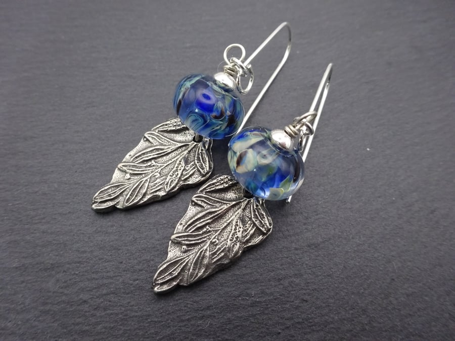 blue lampwork glass earrings, pewter leaf jewellery