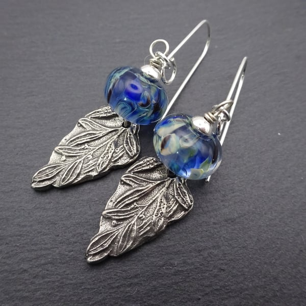 blue lampwork glass earrings, pewter leaf jewellery