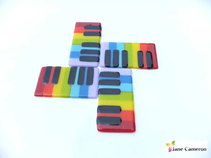 Set of 4 Rainbow Piano "tea and biscuit" Coasters, fused glass, music