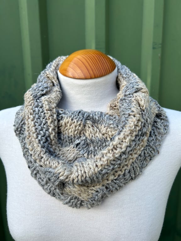 Hand Knitted Grey and Beige Snood Cowl Scarf