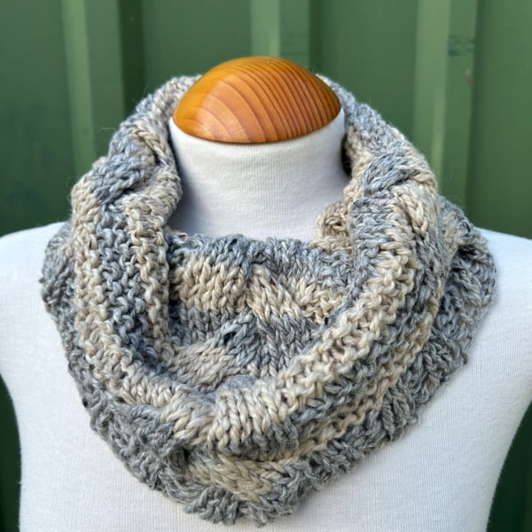 Hand Knitted Grey and Beige Snood Cowl Scarf