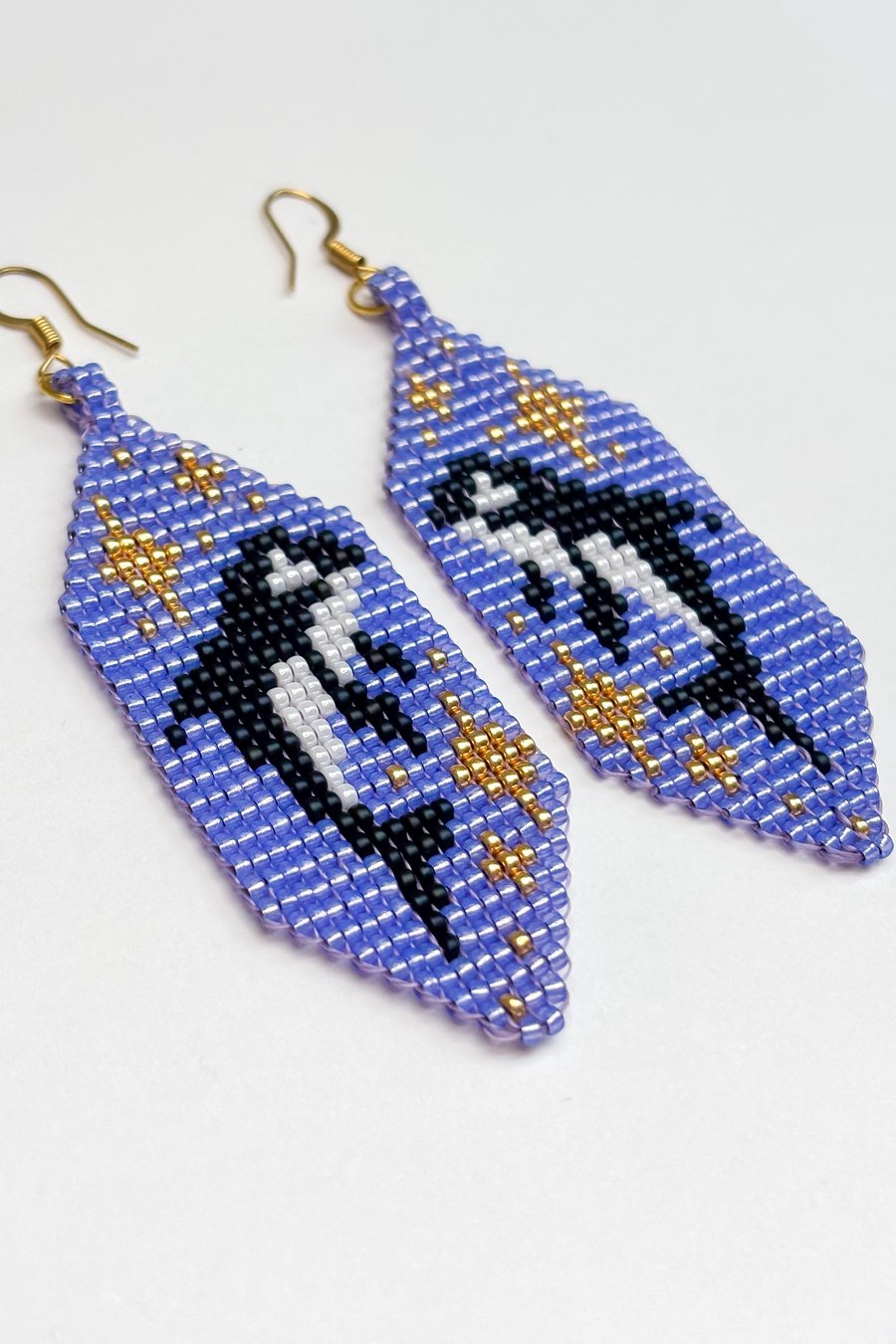 Orca Whale Earrings – Purple Loom Beaded Statement Earrings with Gold Accents