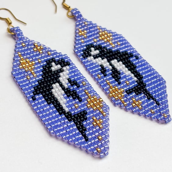 Orca Whale Earrings – Purple Loom Beaded Statement Earrings with Gold Accents