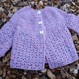 Crochet pink matinee jacket 0-6 months, handmade, hand painted butterfly buttons