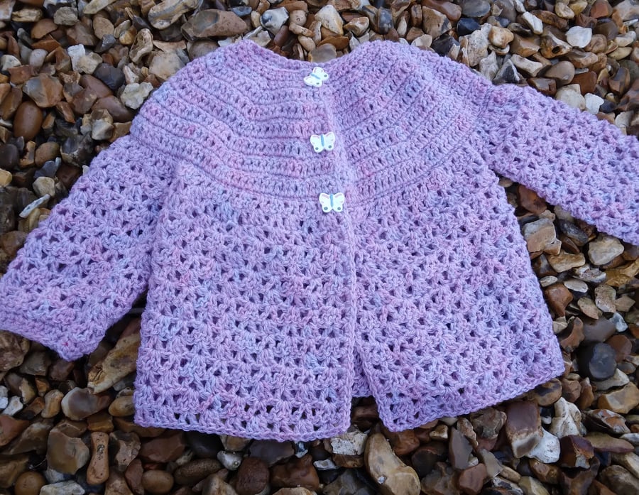 Crochet pink matinee jacket 0-6 months, handmade, hand painted butterfly buttons
