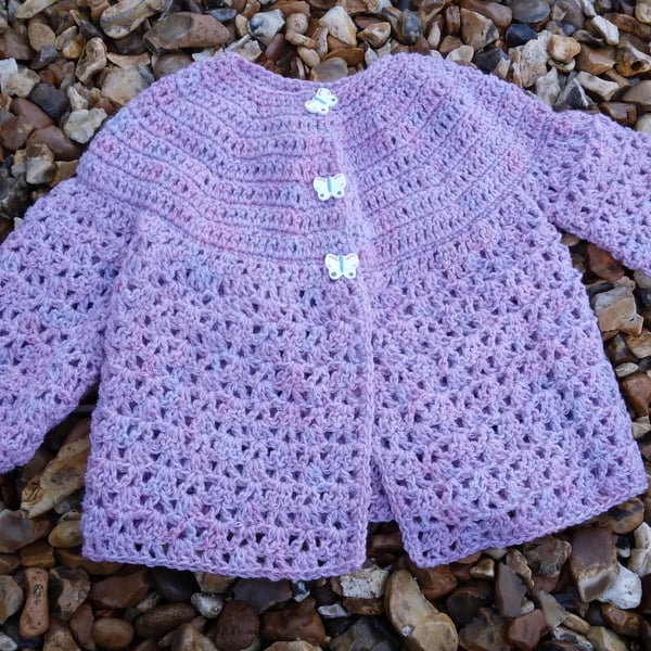 Crochet pink matinee jacket 0-6 months, handmade, hand painted butterfly buttons