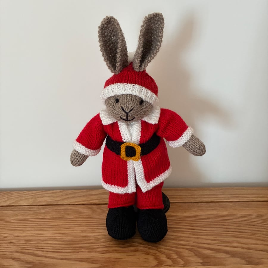 Hand Knitted Santa Rabbit in Red Suit and Black Boots