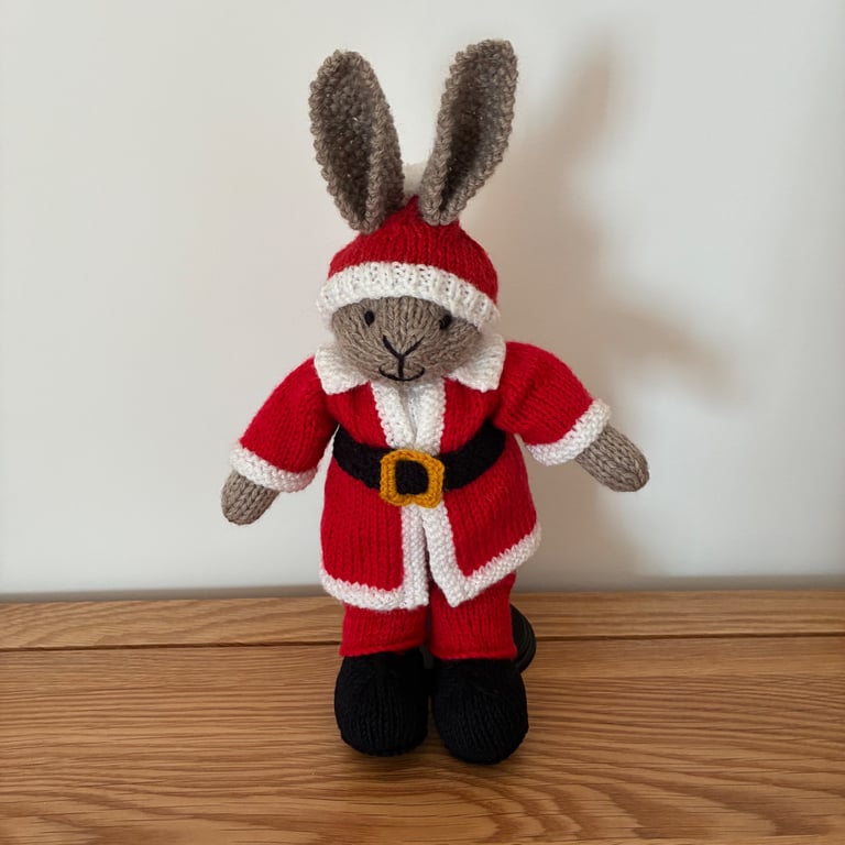 Hand Knitted Santa Rabbit in Red Suit and Black Boots